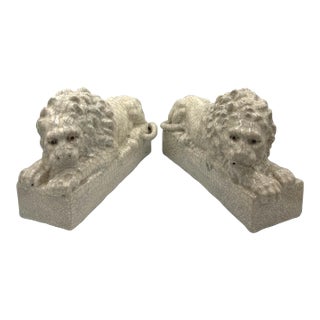 Pair of Mid-Century Italian Crackle-Glazed Ceramic Recumbent Lions For Sale