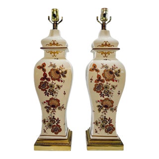 1970’s Pair Ginger Jar Lamps With Flower Motif. White, Deep Amber With Gold Accents on Brass Base For Sale