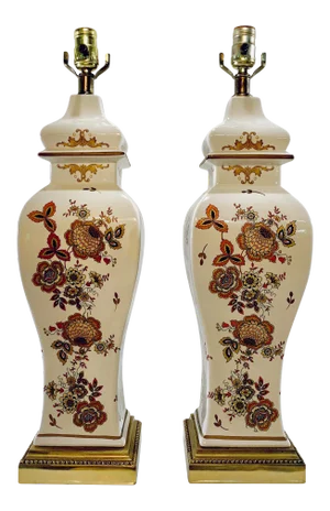 1970’s Pair Ginger Jar Lamps With Flower Motif. White, Deep Amber With Gold Accents on Brass Base