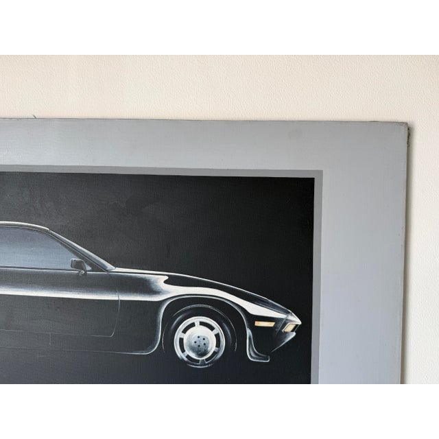 Textile 1980s Schamerhorn Classic Black Porsche 928 Oil on Canvas Painting – Signed, Unframed For Sale - Image 7 of 13