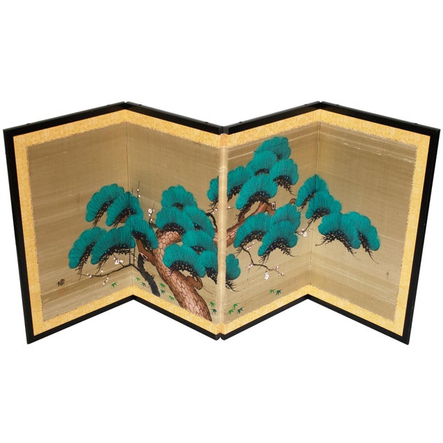 C. 1960s Showa Era Japanese Painted Silk Byobu Screen "Evergreen Pine Tree" For Sale - Image 4 of 18