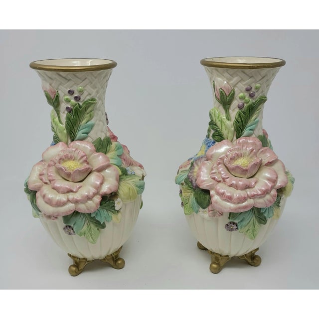 1990s Vintage Fitz & Floyd Chrysanthemum and Tulip Footed Vases a Pair For Sale - Image 5 of 12
