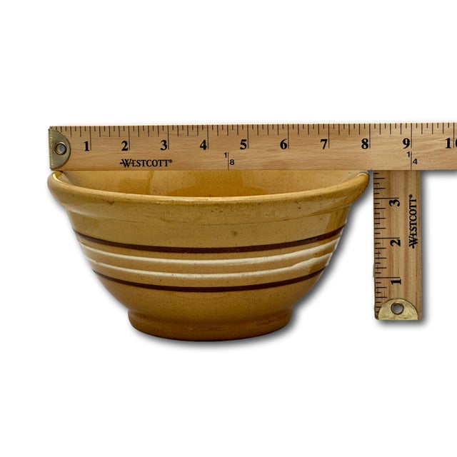 Late 19th Century Nice Smaller 8 Inch Size Antique Thick - Heavy Brown & White Banded Yellow Ware Kitchen Batter Mixing Bowl - Late 1800s For Sale - Image 5 of 13