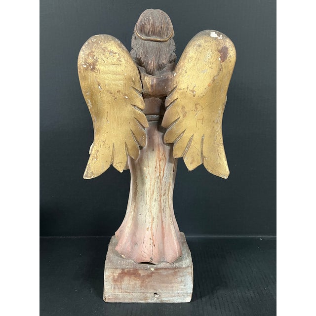 Pink Vintage Hand Carved Wooden Stnading Angel Playing Lyre Instrument Sculpture For Sale - Image 8 of 8