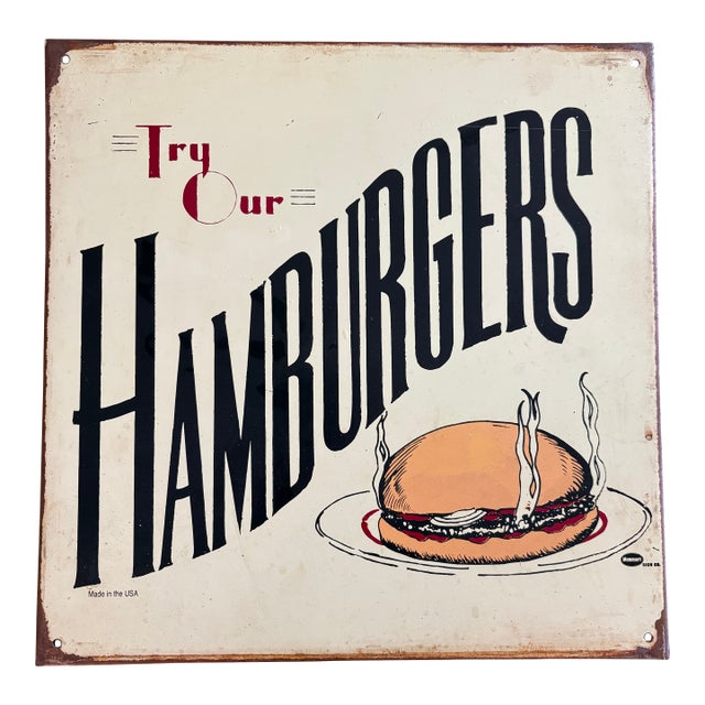 Vintage American Diner “Try Our Hamburgers” Metal Sign – Mid-Century Style Wall Art For Sale