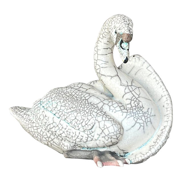 Vintage Boho Crackle Glazed Ceramic Swan For Sale