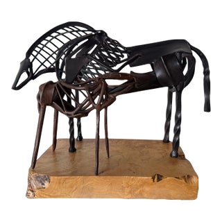 Vintage Brutalist Abstract Mare & Foal Metal Sculpture on Burl Wood Base For Sale