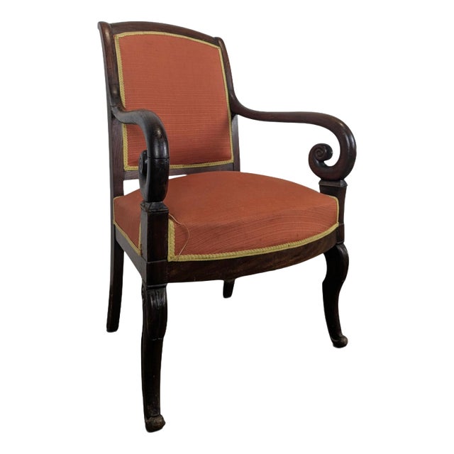 Restoration Style Mahogany Armchair with Curved Armrests and Orange Fabric For Sale