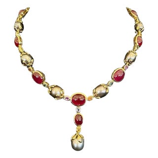 Bochic "Baroque" Ruby, Pearl & Sapphire Necklace Set In 18K Gold & Silver For Sale