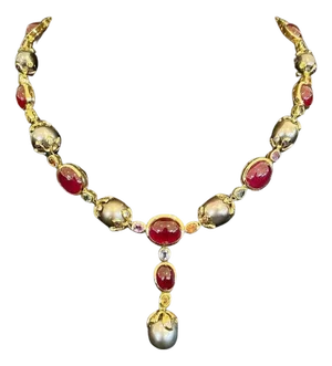 Bochic "Baroque" Ruby, Pearl & Sapphire Necklace Set In 18K Gold & Silver