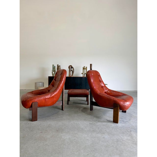 1970s 1970s Brazilian Modernist Leather Lounge Chair Pair With Ottoman Attrb Jean Gillon for Probel For Sale - Image 5 of 12