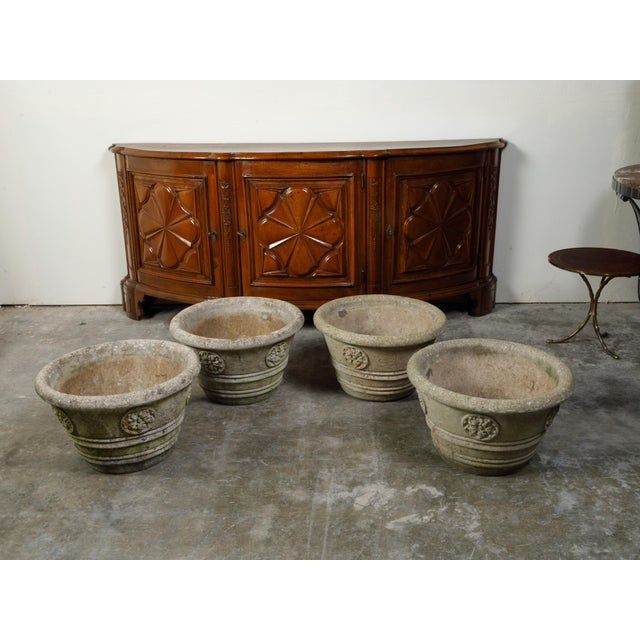 Mid-Century Modern Vintage Pair of Mid-Century Cast Stone Planters with Rosette Motifs For Sale - Image 3 of 11