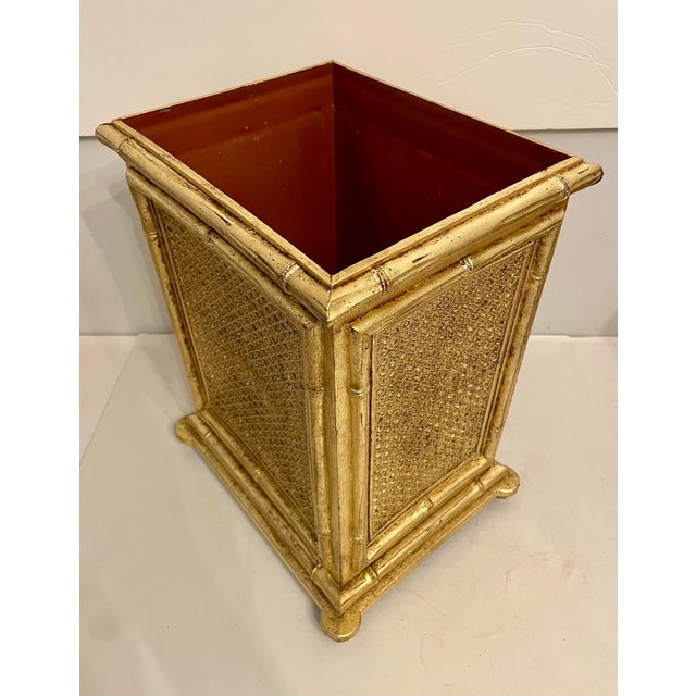 Gilt Faux Bamboo & Faux Caning Trash Can For Sale - Image 9 of 12