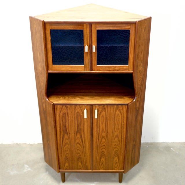 Brown 1950s Danish Rosewood Corner Cabinet W/ Indigo Stained Glass Doors For Sale - Image 8 of 16