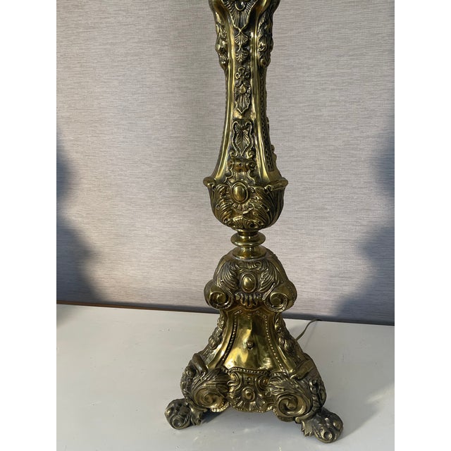 Antique Palatial Baroque Style Brass Lamps With Brass Shades - a Pair For Sale In Miami - Image 6 of 12