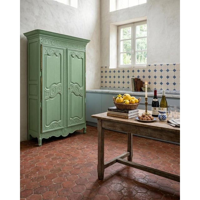 Early 19th Century French Pistache Green Marriage Armoire For Sale - Image 3 of 17