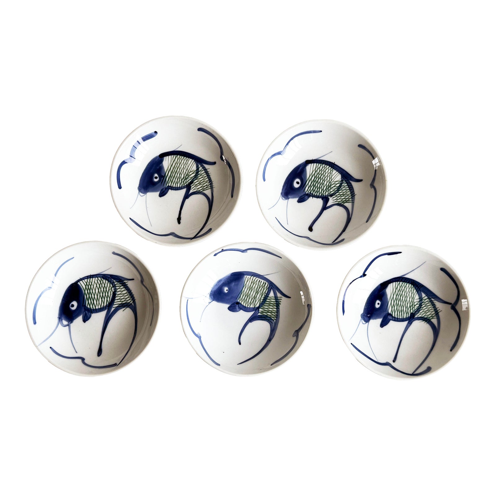 Vintage Chinese Hand Painted Fish Bowls in Blue & Green - Set of 5