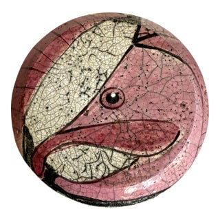 Signed Raku Abstract Ceramic Decorative Round Lidded Box / 1970s Pink Bird Studio Art Pottery For Sale