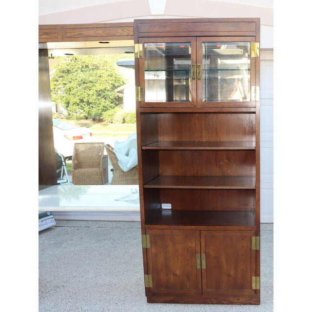 1970s 1970s Campaign Vintage Henredon Oak Wall Unit With Marble Counter and Mirrored Cabinets For Sale - Image 5 of 17