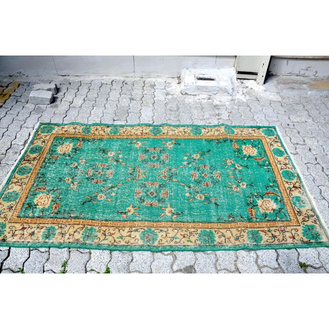 1960s 1960s Vintage Handmade Turquoise Rug For Sale - Image 5 of 11