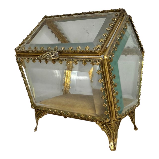 Antique Gold Gilded Brass Beveled Glass Velour Jewelry Casket Jar Box Display For Sale