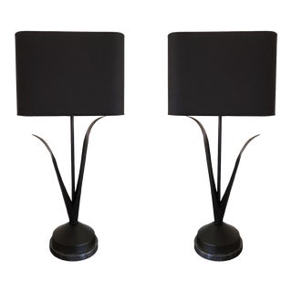 Pair of Mid-Century Black Painted Steel "Amaryllis Leaf" Table Lamps For Sale