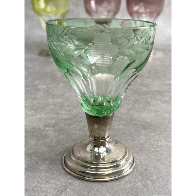 Colored Cut Glasses on Silver Stems, 1930s, Set of 6 For Sale - Image 9 of 10