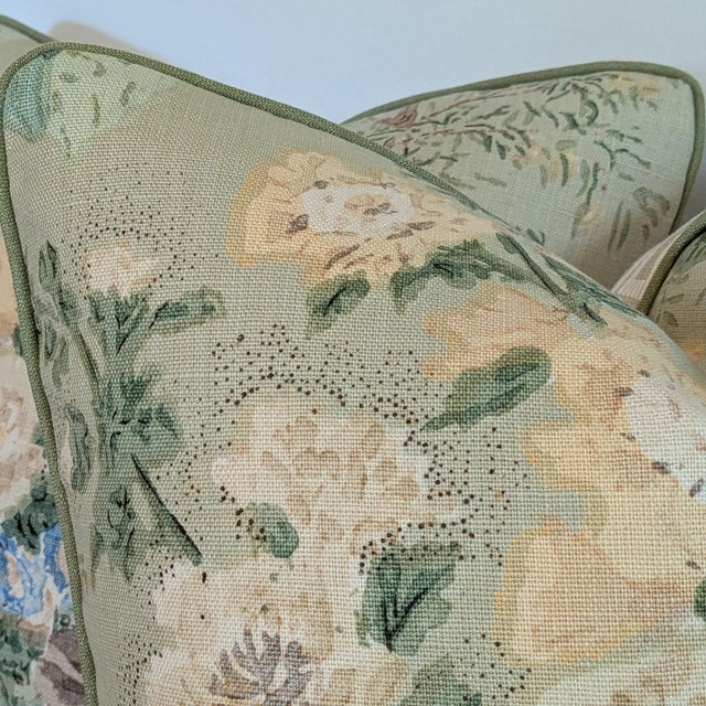 Textile Lee Jofa Hollyhock Pillows in Celadon With Scalamandre Lark Stripe Backs For Sale - Image 7 of 10