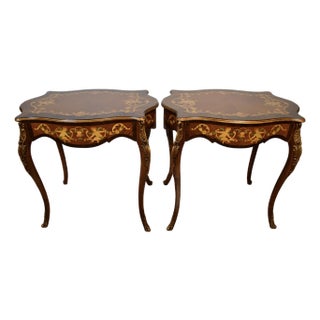 1910s Antique French Louis XV Walnut & Satinwood Inlaid Pair of Side End Tables For Sale