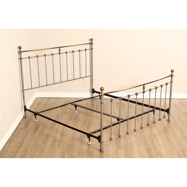 High Quality Contemporary King Size Metal Bed Frame Featuring A Brushed Nickel Finish With Contrasting Brass Ball Finials...