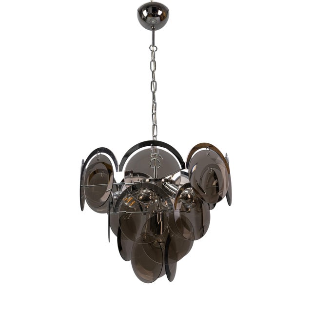 Smoked Glass and Chromed Metal Seven-Light Pendant Chandelier, 1970s For Sale