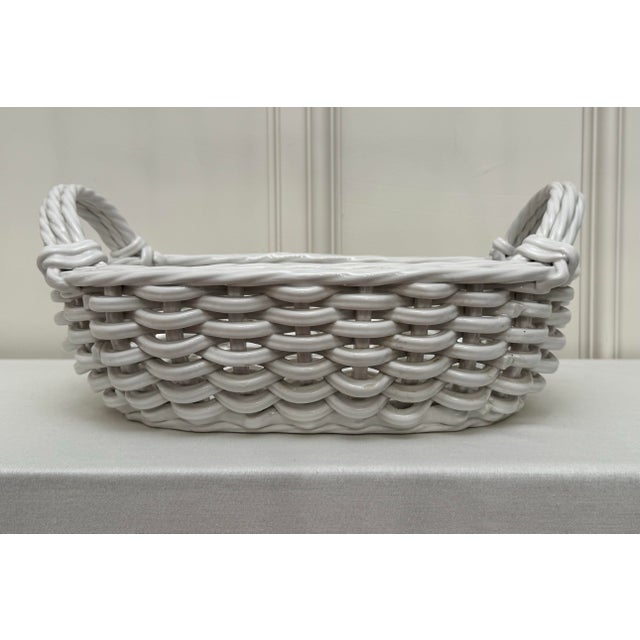 Shabby Chic Vintage French Wicker White Glazed Earthenware Woven Basket For Sale - Image 3 of 11