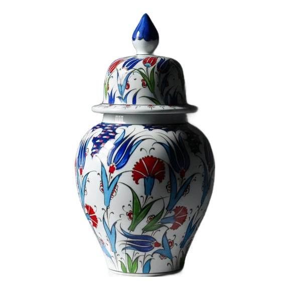 Handmade Ceramic “Kupecik” Ginger Jar (20cm) – Classic Iznik Tulip & Carnation Pattern – Lidded Home Decor For Sale