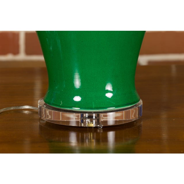 Contemporary Green Porcelain Table Lamp with Discreet Crackle Finish on Lucite Base For Sale - Image 11 of 11