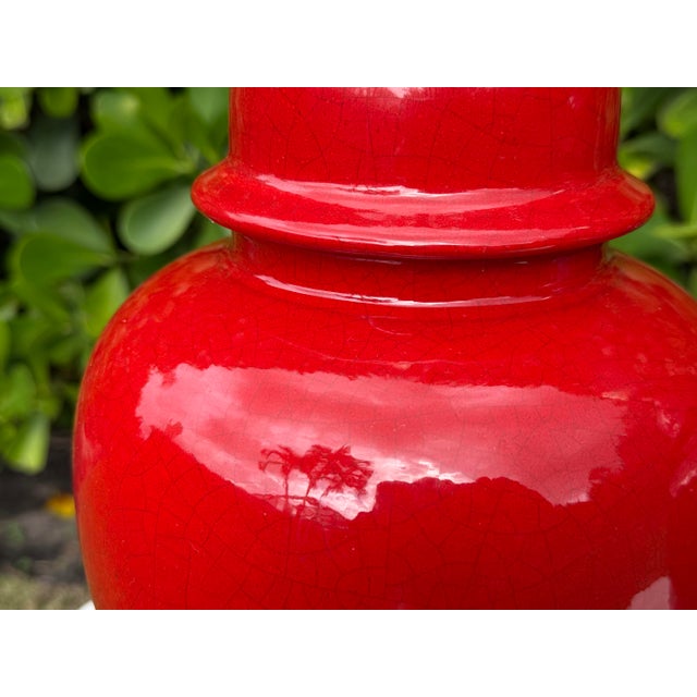Vintage Crackle Glazed Red Ceramic Table Lamps, Pair For Sale - Image 9 of 10