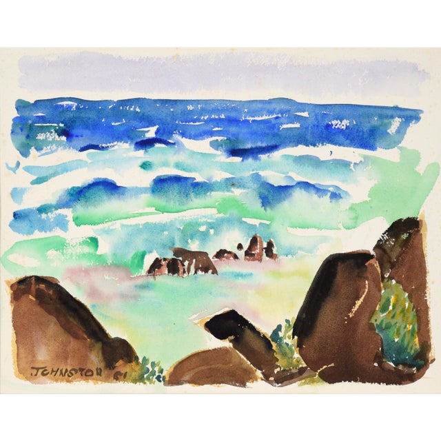 American Modernist Rocky Californian Seascape in Watercolor on Paper by Lucile Marie Johnston For Sale - Image 3 of 9