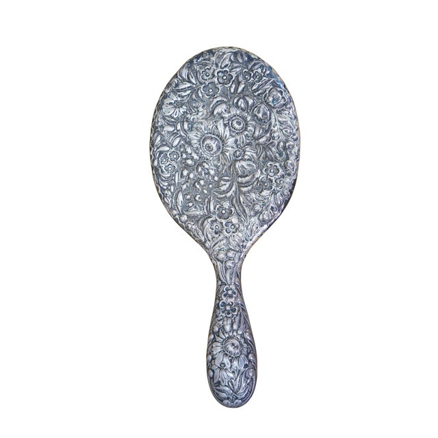 Victorian Antique Dominick & Haff Repousse Sterling Silver Beveled Hand Vanity Mirror 11" For Sale - Image 3 of 13