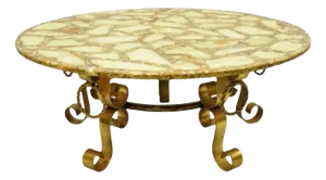 Hollywood Regency Gold Iron Scroll Agate Stone Specimen Resin Top Coffee Table