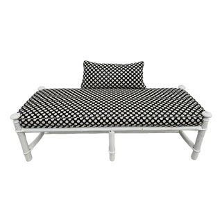 White and Black Rattan Bamboo and Reed Upholstered Bench For Sale