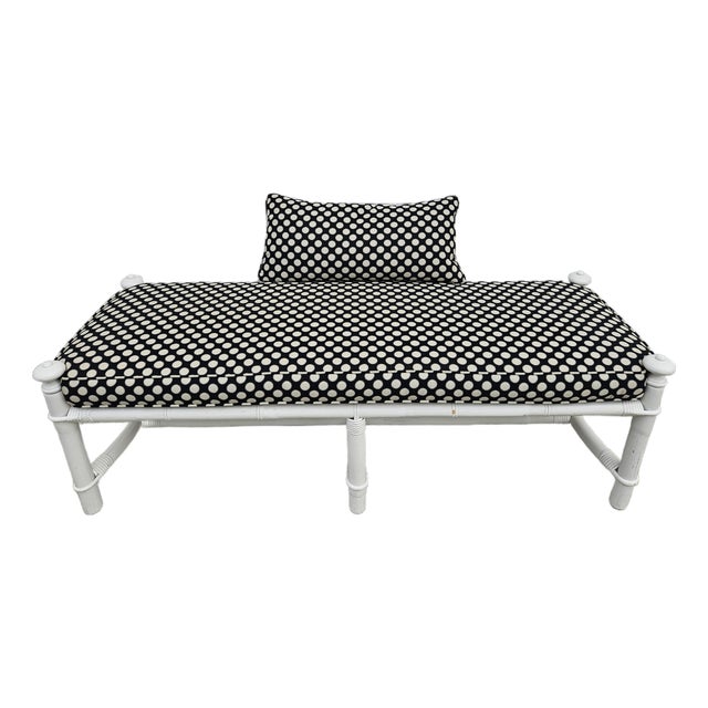 White and Black Rattan Bamboo and Reed Upholstered Bench For Sale