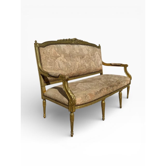 French 1950s Louis XVI Style Giltwood Settee With Scenic Tapestry Upholstery For Sale - Image 3 of 13