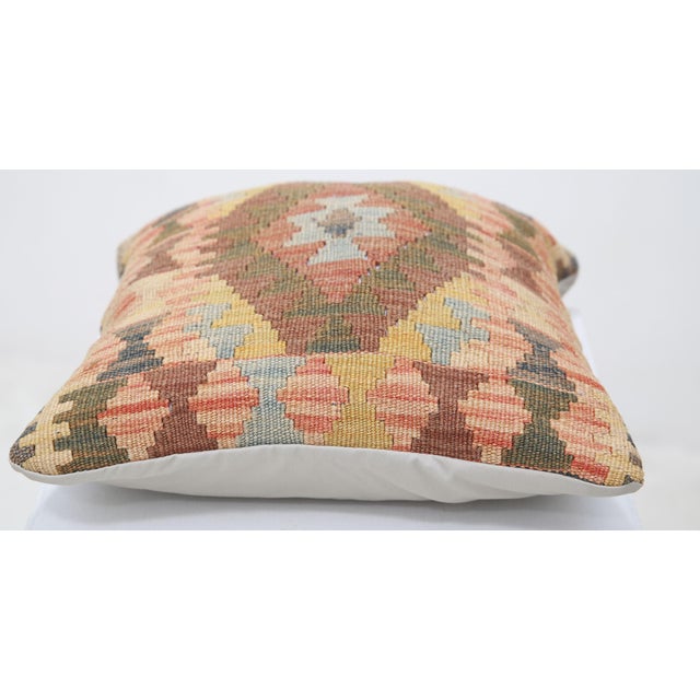 Tribal Arteverk Handwoven Afghan Kilim Pillow — Blue & Gold Diamond Medallion For Sale - Image 3 of 3