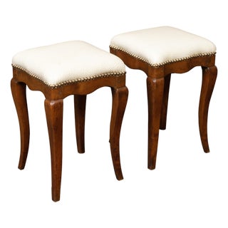 Pair of 19th Century Italian Walnut Stools with Cabriole Legs and New Upholstery For Sale