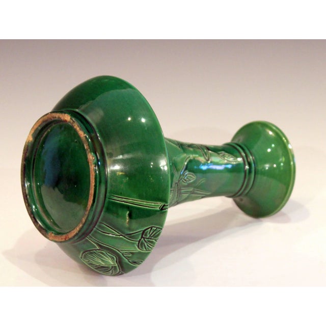 Antique Awaji Pottery Japanese Green Monochrome Bottle Vase Incised Bell Flowers For Sale - Image 4 of 11