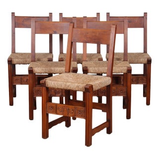 Vintage French Straw-Seated Wooden Chairs, 1950, Set of 6 For Sale
