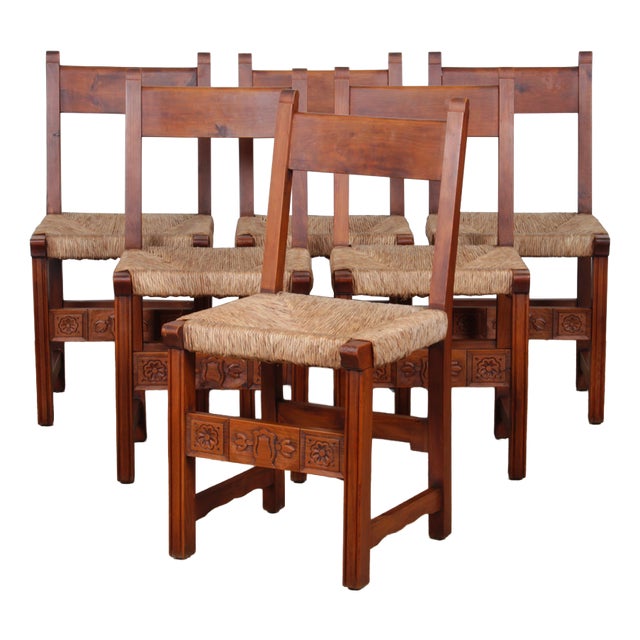 Vintage French Straw-Seated Wooden Chairs, 1950, Set of 6 For Sale