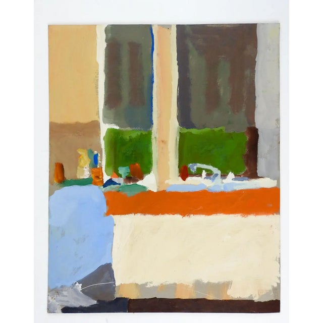 Circa late 20th century oil on canvas abstract kitchen counter by Marilyn Lanfear (1930-2020), Texas. Unsigned. Unframed,...