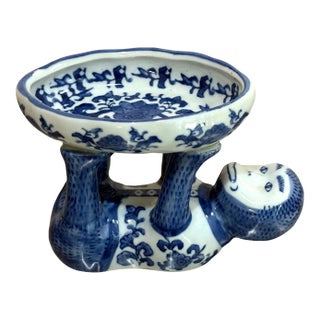 Blue and White Ceramic Monkey Soap Dish For Sale
