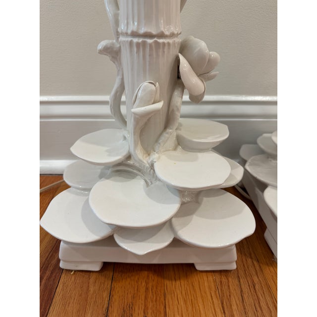 Mid 20th Century Italian Ceramic Faux Bamboo & Lotus Flower Table Lamps - A Pair For Sale - Image 14 of 17