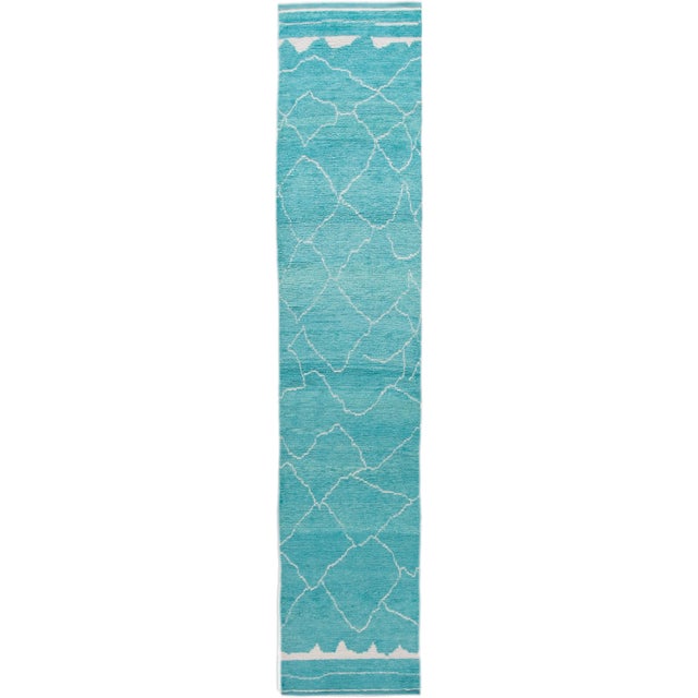 Modern Turquoise Moroccan Style Handmade Wool Runner For Sale - Image 11 of 11
